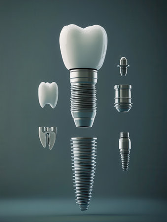 Exploded view of a dental implant reveals intricate components emphasizing its structure and design against a stylish gradient backdrop.の素材