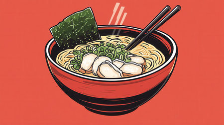 A steaming bowl of ramen topped with pork, seaweed, and green onions is perfectly set with chopsticks, ready for a delightful meal.の素材