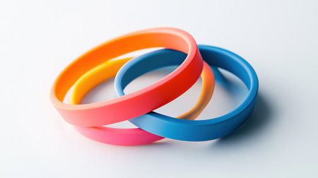 Three vibrant fitness bands intersect at angles against a white backdrop, highlighting a minimalist style that emphasizes balance and simplicity.の素材