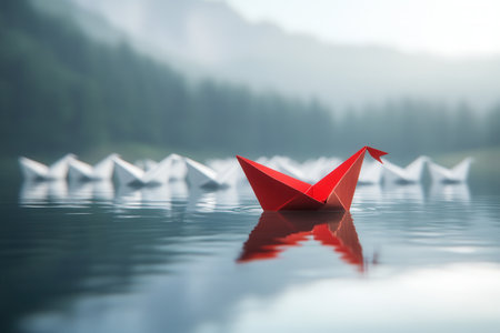 A solitary red paper boat breaks away from its white counterparts on a mirror-like lake, symbolizing independence and strategies in decision-making.の素材