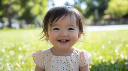 A cheerful young child sits on lush green grass in a park, smiling brightly under the warm sun, embodying innocence and joy during playtime.の素材