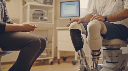 Patient learns about a prosthetic leg in a clinical environment while receiving guidance from a knowledgeable medical professional.の素材