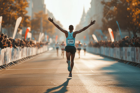 Exhausted yet joyful, the marathon runner reaches the finish line as the crowd erupts in celebration, marking the end of an exciting race.の素材