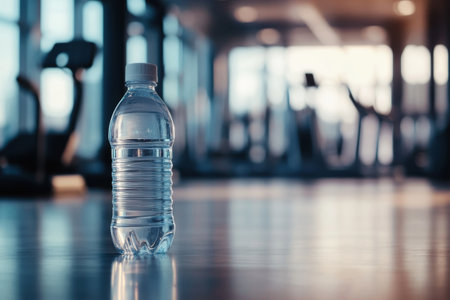 The minimalist water bottle reflects a commitment to hydration amidst a blurred gym setting, ideal for fitness enthusiasts seeking motivation.の素材