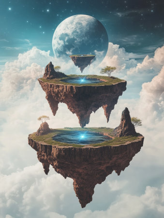 Floating islands linked by shimmering portals create gateways to diverse virtual realms, inviting adventures in a breathtaking ethereal landscape.の素材