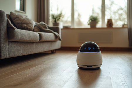 A robot assistant interacts with family members in a warm living room, creating a friendly environment as morning light floods through the windows.の素材