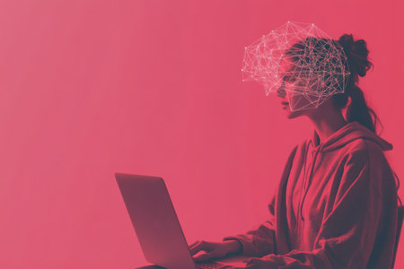 Students utilize a laptop for virtual learning controlled by AI, immersed in an innovative, tech driven educational experience.の素材