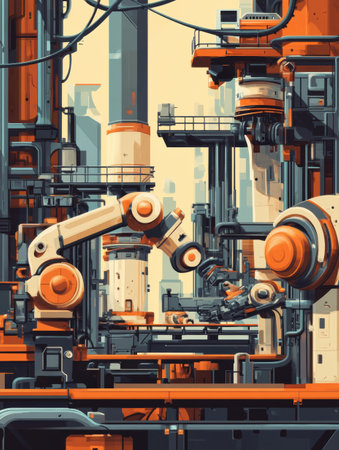 Advanced robots use AI for precise control in a structured environment, optimizing the production process all day.の素材