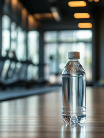 A transparent water bottle stands on a wooden surface in a well lit gym, surrounded by blurred fitness equipment, inviting a refreshing break.の素材