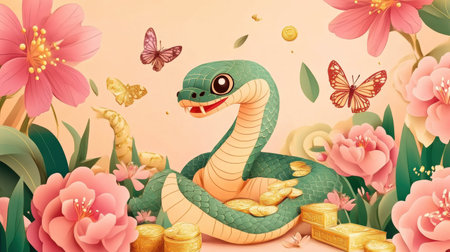 Colorful snakes, butterflies, and flowers bring joy for the 2025 Chinese New Year, wishing blessings and good luck in the Year of the Snake!の素材