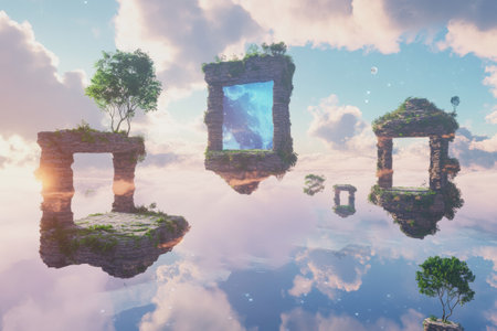 Floating islands are interconnected by glowing portals leading to various virtual worlds, showcasing a tranquil atmosphere under a bright sky.の素材