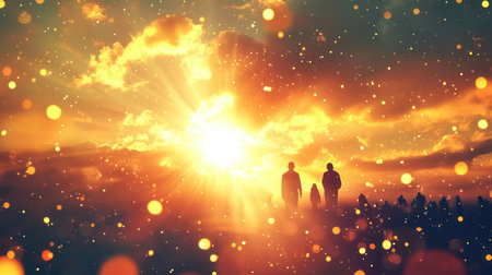 Golden sunbeams burst through clouds, creating an energetic landscape filled with joy. Vibrant colors illuminate silhouettes in the distance.の素材