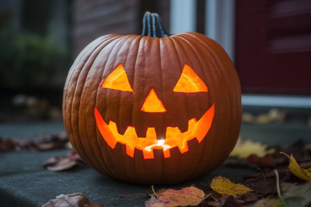 Carved pumpkin sits on a porch, glowing from within and radiating warmth as leaves scatter around its base, celebrating the Halloween spirit.の素材