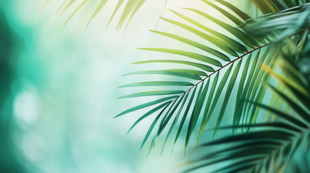 Experience a fresh and adventurous atmosphere with blurred palm leaves creating a serene tropical backdrop.の素材