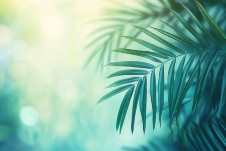 Palm leaves provide a serene and lively atmosphere against a soft gradient backdrop, ideal for nature lovers seeking adventure.の素材