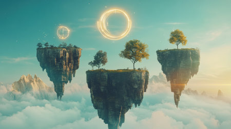 Floating islands are connected by shimmering portals offering gateways to various unique virtual worlds filled with wonder and adventure.の素材
