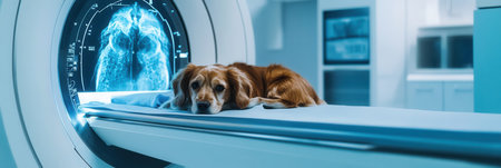 A digital backdrop features ultrasound and X-ray scans of pets while a dog rests calmly in a high-tech veterinary clinic environment.の素材