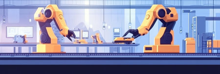 Automated factory showcases robotic machines working together under AI control, optimizing production efficiency during daylight hours.の素材