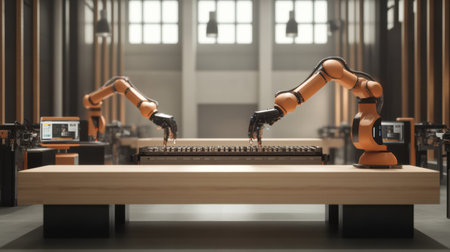 Robotic arms operate seamlessly in a high tech factory, showcasing AI driven automation in the production process for enhanced efficiency.の素材