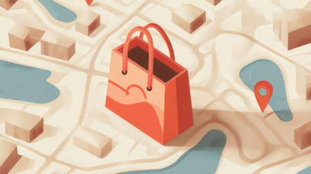 illustration of a delivery route map featuring a grocery bag icon and location pins in a clean, user-friendly design.の素材