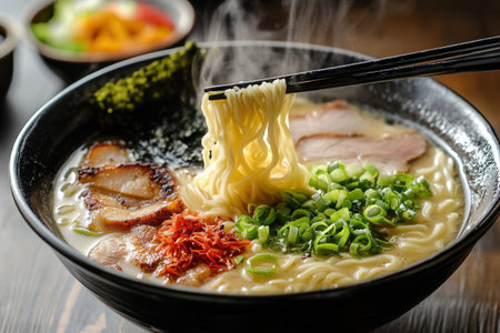 Steaming bowl of ramen features tender pork, fresh green onions, and seaweed, ready to be enjoyed with chopsticks in a warm atmosphere.の素材