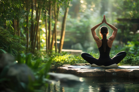 A yogi engages in meditation, aligning their body with the golden ratio while surrounded by lush greenery and a peaceful pond.の素材