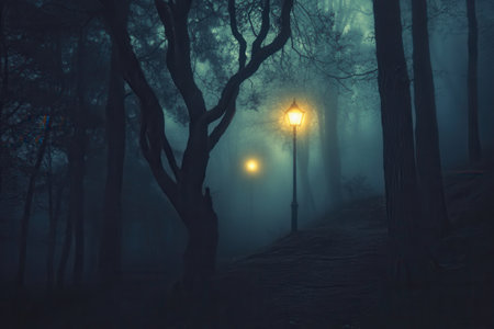 Misty fog swirls through a dark forest, outlining twisted trees and highlighted by a distant glowing street lamp that creates a suspenseful mood.の素材