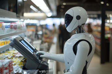 A smart cashier uses AI to streamline the checkout process in a modern supermarket, showing advanced technology and efficiency.の素材