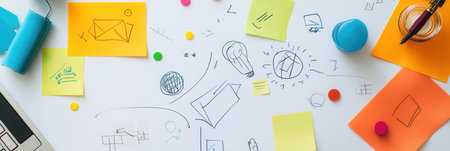 Scattered sticky notes, hand-drawn sketches, and design elements create an inspiring atmosphere for brainstorming in an energetic workspace.の素材