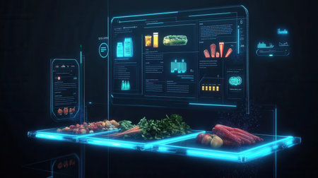 Futuristic AI assistant interacts with users to manage a grocery order using clean design and a blue glow for enhanced visibility.の素材