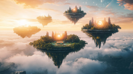 Floating islands hover amidst clouds, linked by glowing portals, illuminating pathways to unique virtual realms in a stunning twilight sky.の素材