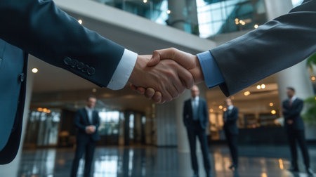Businesspeople in suits are shaking hands in a modern lobby, showcasing a professional atmosphere with glass walls and polished floors.の素材