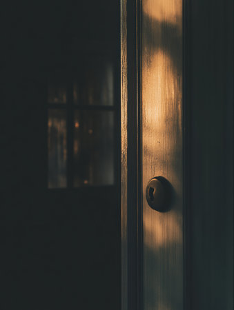 Soft lighting highlights a door lock and key, with faint silhouettes of a family home in the background, evoking security and tranquility.の素材