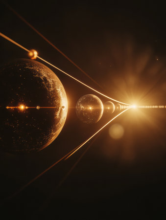 Spheres depict unique virtual worlds linked by radiant beams of light, creating a captivating cosmic environment inviting exploration and creativity.の素材