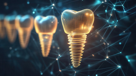 Golden waves flow through an abstract background, symbolizing the healing and strength of dental implants with vibrant light.の素材