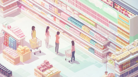 Animated customers are browsing neatly arranged grocery store shelves filled with various products, creating a vibrant shopping atmosphere.の素材