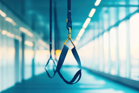 Bright training area showcases minimal fitness straps suspended from the ceiling, emphasizing geometric forms and natural light for motivation.の素材