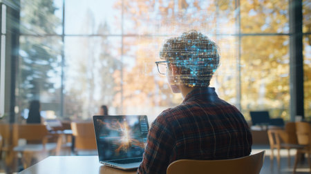 Student uses a laptop to interact with a virtual classroom, experiencing advanced AI tools for enhanced learning in a contemporary space.の素材