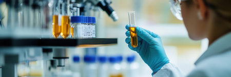 Scientist examines a test tube in a clean laboratory filled with advanced technology and sterile equipment focused on research and experimentation.の素材