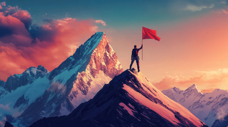 A climber stands triumphantly atop a majestic mountain, holding a flag as the sun sets, illuminating the breathtaking landscape around him.の素材