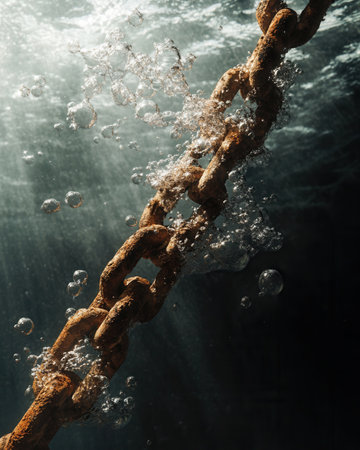 A rusted chain shatters beneath the surface, releasing weightless links and air bubbles, with ethereal light filtering through the water.の素材