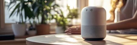 Robot assistant facilitates interactions among household members in a sunlit room filled with plants and happy conversations.の素材
