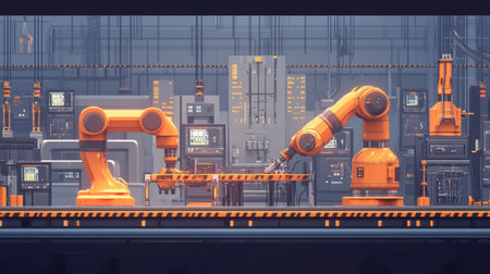 Robotic arms operate in a high tech factory, where artificial intelligence manages the production process amidst an intricate array of machinery.の素材