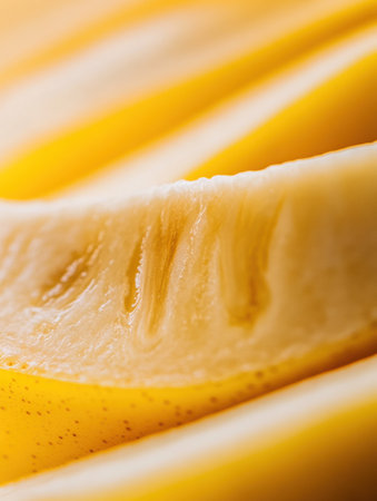 Sliced banana halves reveal delicate textures and vibrant colors, showing the fruits natural beauty in a softly blurred setting.の素材
