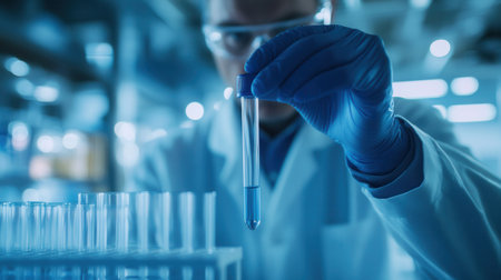 In a clean laboratory space, a scientist wearing gloves studies a test tube containing blue liquid, focusing on research and experimentation.の素材