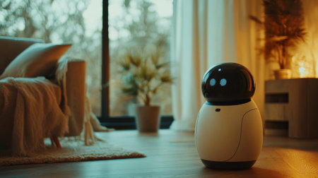 Robot assistant engages with household members in a warm living room, enhancing the home environment during evening hours.の素材
