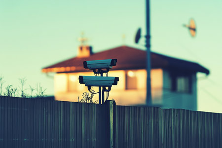 A tall fence surrounds a house equipped with surveillance cameras, emphasizing security in an open area under a calm sky.の素材