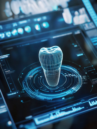 Holographic interface shows a rotating 3D dental implant with futuristic scanning effects and glowing blue lights for detailed viewing.の素材
