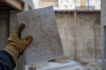 A hand in a safety glove grips a blueprint showcasing building plans, amidst a busy construction site during daylight hours.の素材