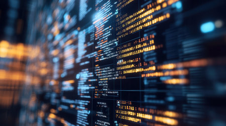 Futuristic dark room features a digital interface with code meticulously placed along the golden ratio grid amidst glowing screens.の素材